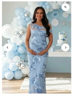 Light Blue Floral Maternity Maxi Dress with Sheer Accents
